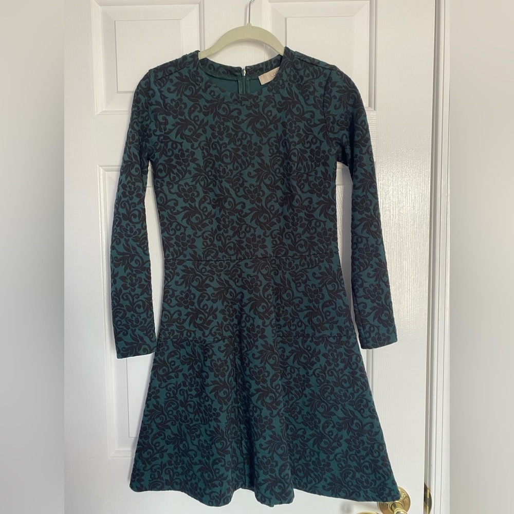 Loft fit and flare green and black jacquard dress size 00P